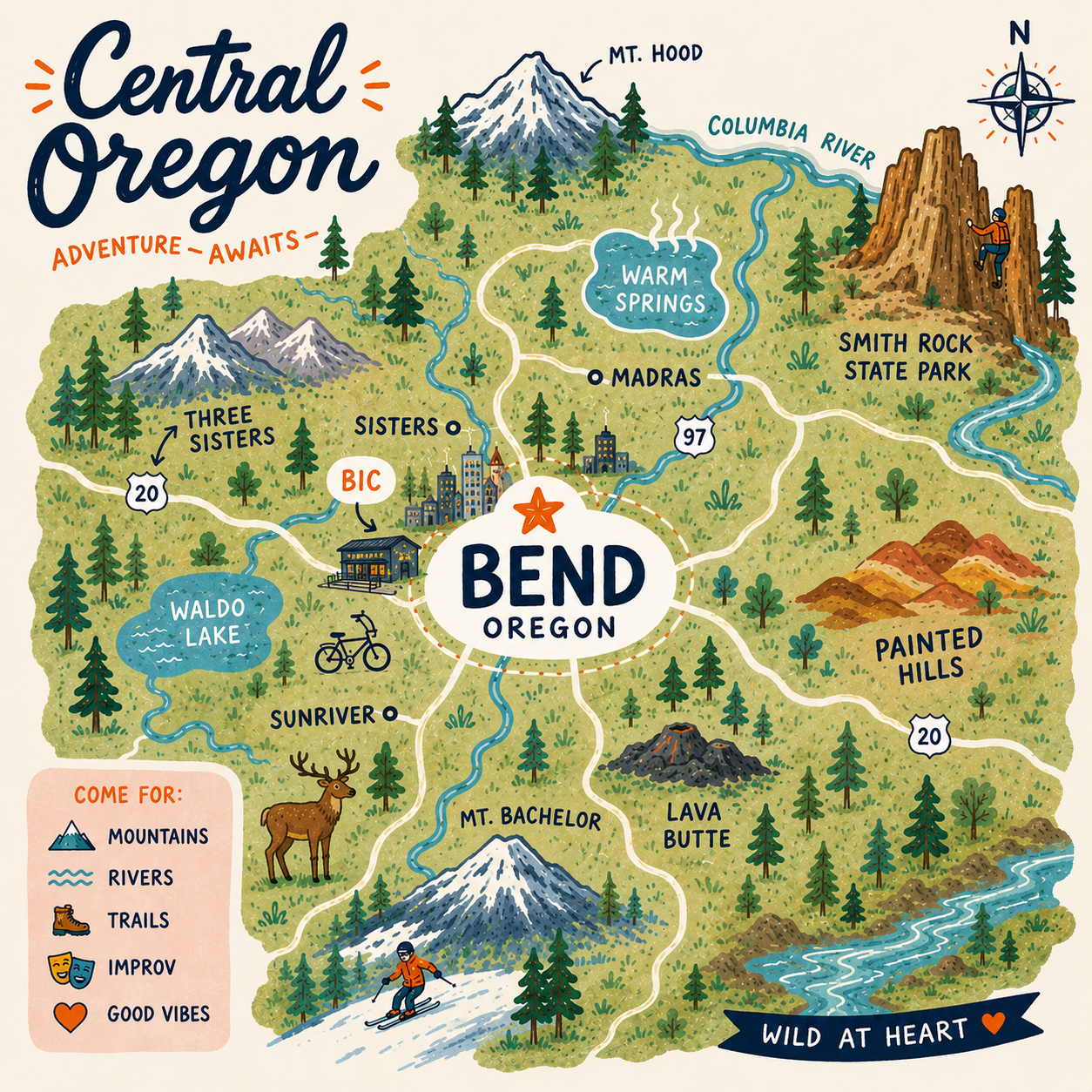 Illustrated map of Central Oregon showing BIC in Bend